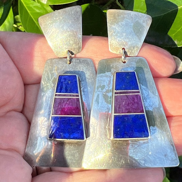 VINTAGE NAVAJO NATIVE AMERICAN SUGILITE LAPIS HUGE DROP DANGLE EARRINGS 925 SS